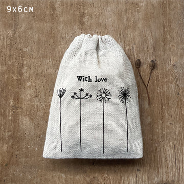 East Of India Hessian Drawstring Gift Bag - With Love.