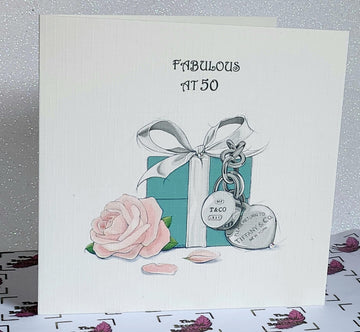 50th Birthday Card Watercolour Tiffany Gift Box And Flower Genuine Flat Backed Swarovski Crystal Fabulous At 50