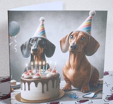 Dachshund Birthday Card Dachshunds Wearing Birthday Hats Happy Birthday Dad Son Sister Aunt Handmade Linen Effect Card Square Free Delivery (Copy)