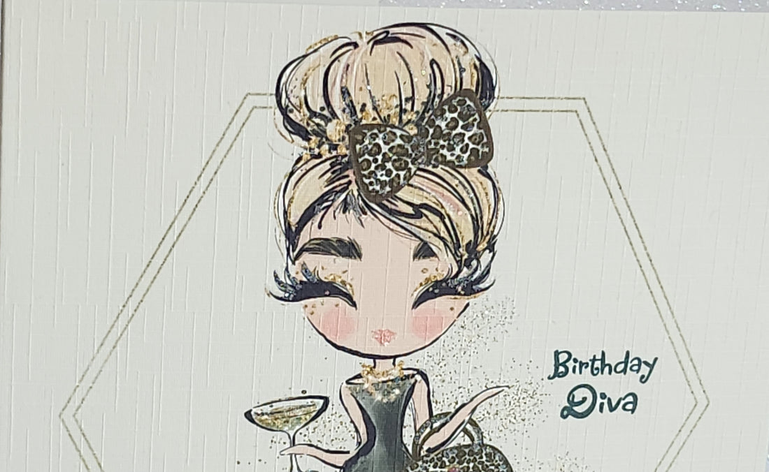 Birthday Diva Card Blonde Girl Black Dress Leopard Print Handbag Square Champagne Messy Bun Swarovski Crystal Glitter Free Delivery
