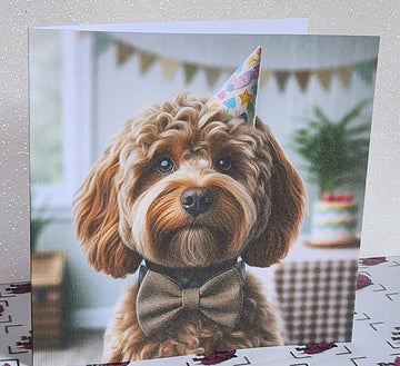 Cockapoo Birthday Card Cockapoo Wearing Birthday Hat & Bow Tie Happy Birthday Mummy Daddy Handmade Linen Effect Card Square Free Delivery (Copy)