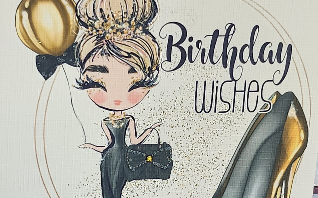 Birthday Wishes Card Blonde Girl Black Dress Leopard Print Handbag Gold Stiletto Shoe Square Messy Bun Swarovski Crystal Free Delivery
