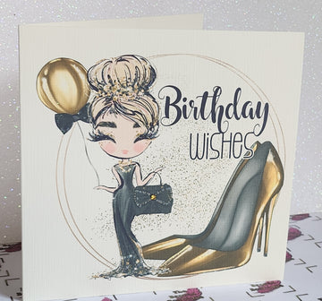Birthday Wishes Card Blonde Girl Black Dress Leopard Print Handbag Gold Stiletto Shoe Square Messy Bun Swarovski Crystal Free Delivery