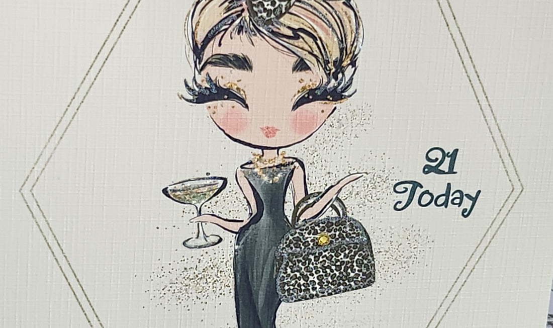 21st Birthday Card 21 Today Blonde Girl Black Dress Leopard Print Handbag Square Champagne Messy Bun Swarovski Crystal Glitter Free Delivery