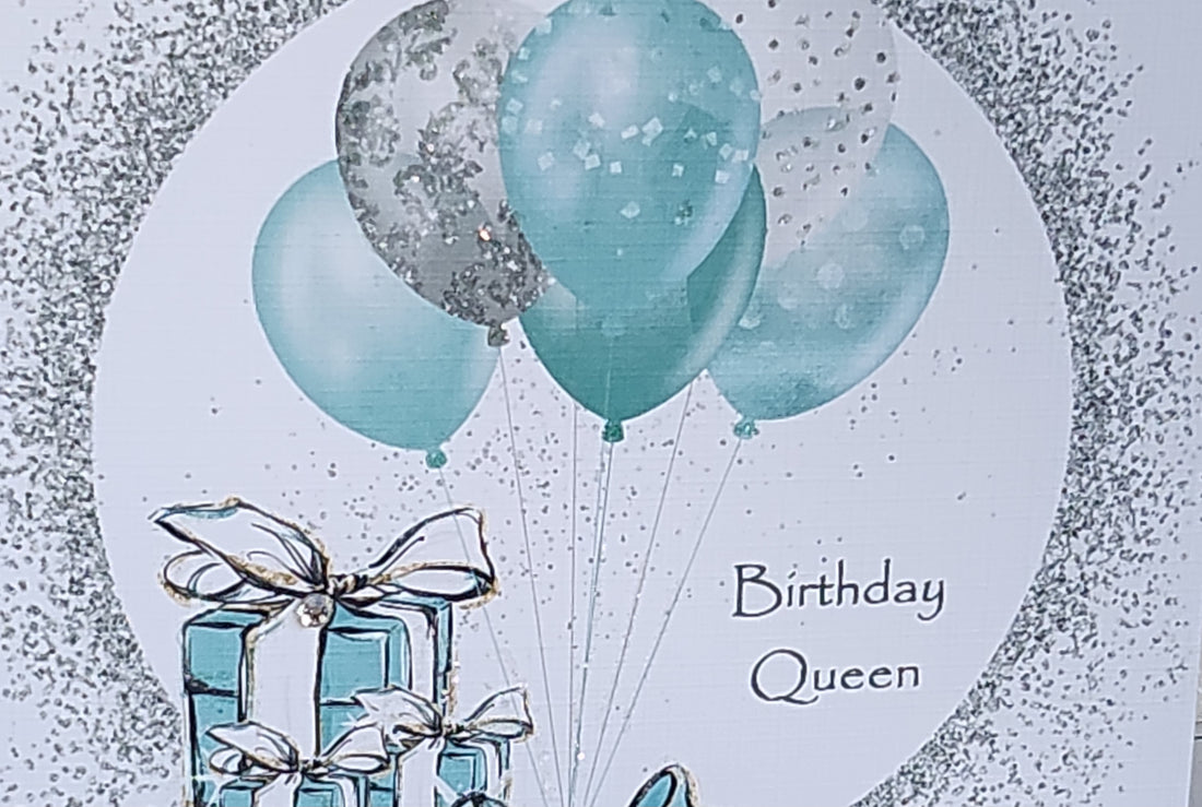 Birthday Queen Handmade Card Square Mint And Silver Balloons And Birthday Gifts Swarovski Crystal Glitter Happy Birthday Free Delivery