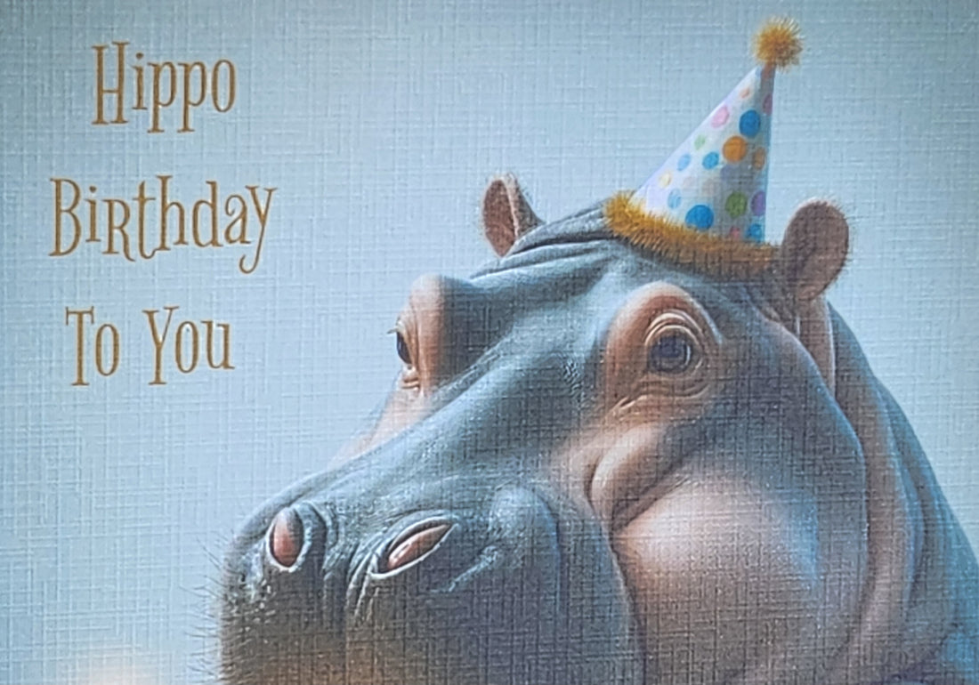 Hippo Birthday Card Hippopotamus Wearing Birthday Hat With Birthday Cake 'Hippo Birthday To You' Handmade Linen Effect Square Free Delivery