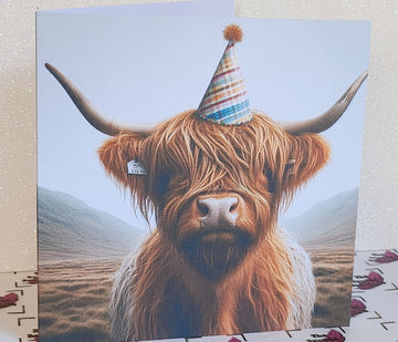 Highland Cow Birthday Card Highland Coo With Birthday Hat Happy Birthday Handmade Linen Effect Card Square Free Delivery Highland Cow Friend (Copy)