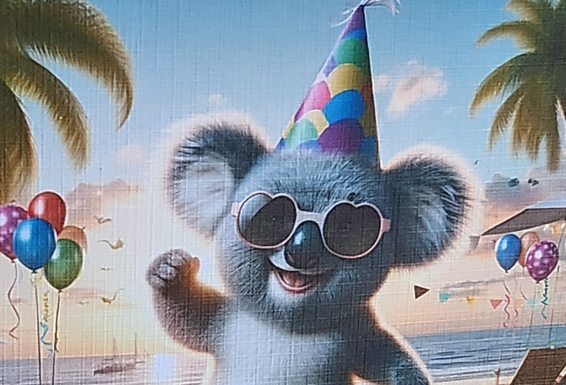 Koala Bear Birthday Card Dancing Koala Wearing Birthday Hat & Sunglasses Birthday Presents Handmade Linen Effect Card Square Free Delivery