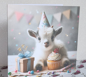 Baby Goat Birthday Card Baby Goat Wearing Birthday Hat With Birthday Cupcake Happy Birthday Glitter Handmade Linen Effect Square Free Delivery (Copy)