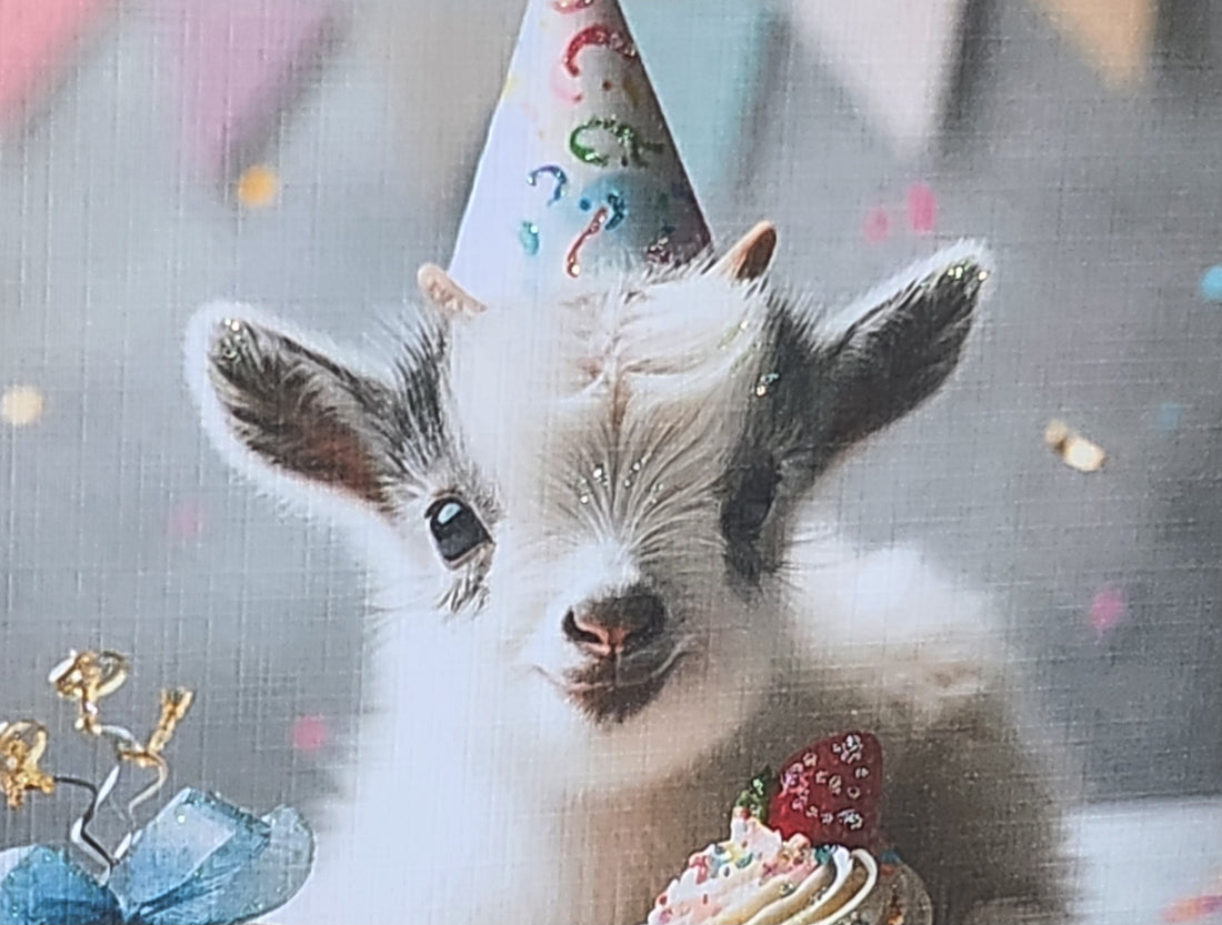 Baby Goat Birthday Card Baby Goat Wearing Birthday Hat With Birthday Cupcake Happy Birthday Glitter Handmade Linen Effect Square Free Delivery (Copy)