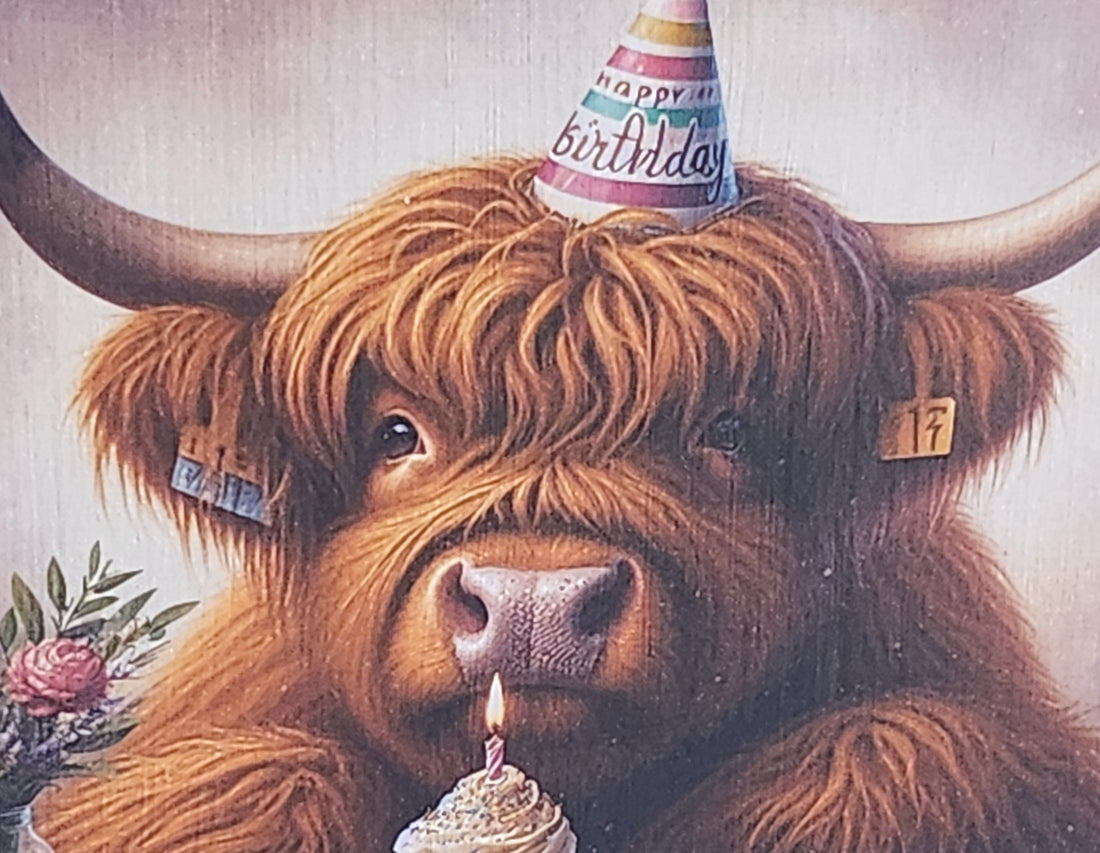 Highland Cow Birthday Card Highland Coo With Birthday Hat And Cupcake Handmade Linen Effect Card Square Free Delivery Highland Cow Friend