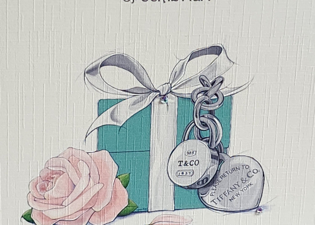 50th Birthday Card Watercolour Tiffany Gift Box And Flower Genuine Flat Backed Swarovski Crystal Fabulous At 50