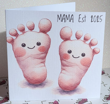Mama Est 2025 Handmade Card Cute Baby Feet Baby Shower New Parents Free Delivery