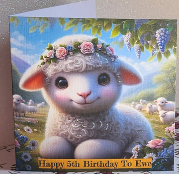 Happy 5th Birthday Card Pretty Sheep 'Happy 5th Birthday To Ewe' Birthday Girl Glitter Handmade Square Line Effect Card Free Delivery