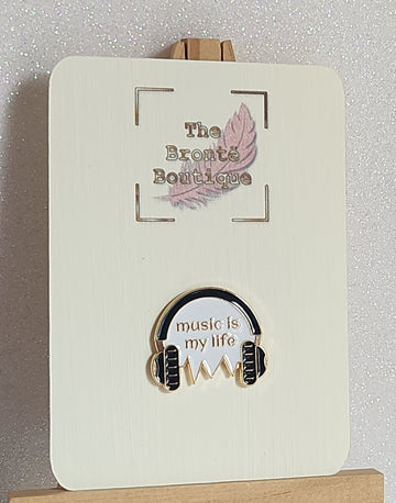 Enamel Pin Badge 'Music Is My Life' On Linen Effect Gift Card Affirmation Positivity.