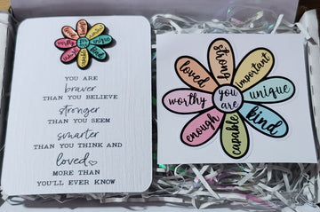 Mental Health Gift Box With Enamel Pin Badge 'You Are Unique, Kind, Capable, Enough, Worthy, Loved, Strong, Important' Flower Vinyl Sticker Positivity Personalised Gift Card Option Self Love
