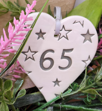 65th Birthday Handmade Ceramic Heart Light Grey Stars Detailing
