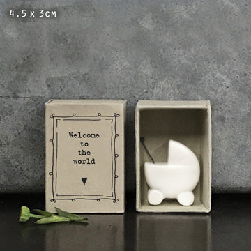 East Of India Matchbox Pram  'Welcome To The World' Porcelain Pram New Baby Congratulations