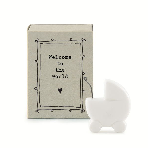 East Of India Matchbox Pram  'Welcome To The World' Porcelain Pram New Baby Congratulations