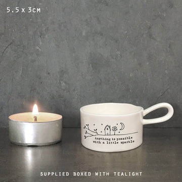 East Of India Tea Light Holder With Handle 'Anything Is Possible With A Little Sparkle' Porcelain Gift Boxed Tea Light Holder