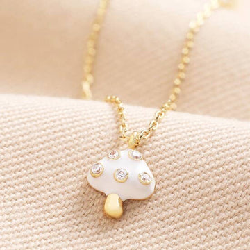 Lisa Angel White Enamel Mushroom Pendant Necklace in Gold.