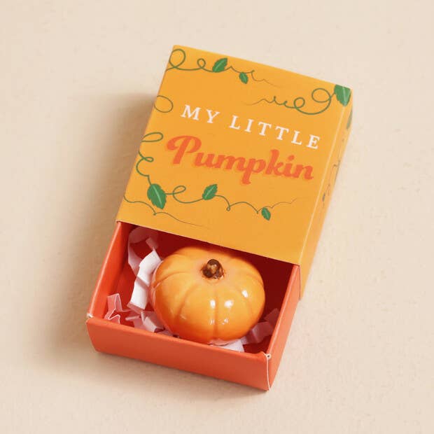 Small pumpkin in a decorative box with 'My Little Pumpkin' text on a beige background