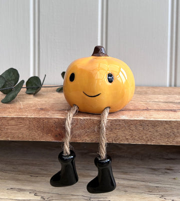 Ceramic Pumpkin Dangly Legged Shelf Ornament Autumn Halloween Decor.
