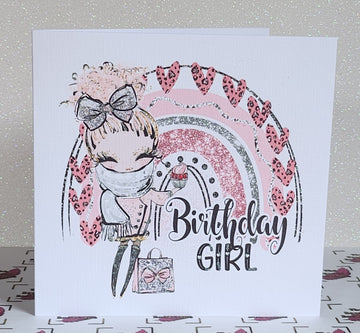 Birthday Girl Card Blonde Girl Pink Rainbow Swarovski Crystal Handbag Square Messy Bun Glitter Happy Birthday Leopard Print Free Delivery