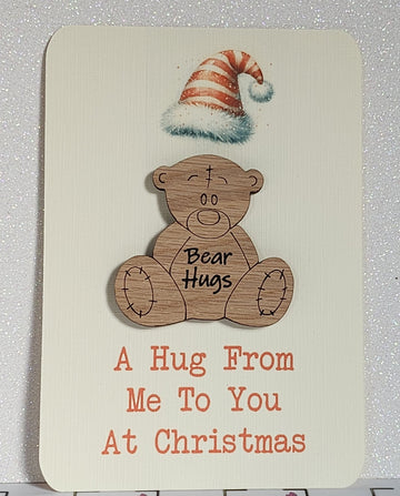 Wooden Christmas Pocket Hug Teddy Bear Hugs Token Mounted On Gift Card 'A Hug From Me To You At Christmas' Santa Hat.