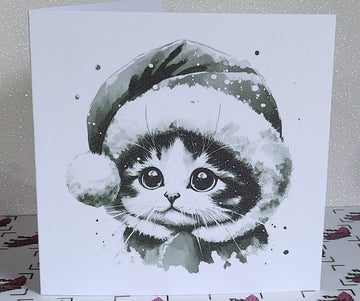 Kitten Christmas Card With Santa Hat And Scarf Black And White Cat Watercolour Handmade White Linen Effect Square Card Free Delivery