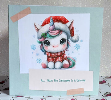 Unicorn Christmas Card ' All I Want For Christmas Is A Unicorn' Watercolour Unicorn With Santa Hat Glitter Detail Linen Effect Free Delivery