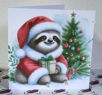 Santa Sloth Christmas Card Sloth Wearing Santa Outfit With Christmas Tree Handmade Glitter White Linen Effect Square Card Free Delivery