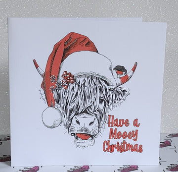 Highland Cow Christmas Card Highland Coo With Santa Hat Have A Mooey Christmas Handmade Glitter Linen Effect Square Card Free Delivery
