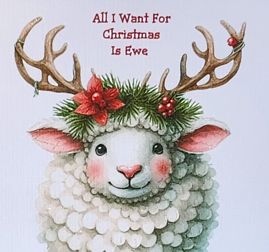 Christmas Reindeer Sheep Handmade Card 'All I Want For Christmas Is Ewe' Reindeer Antlers  White Linen Effect Square Card Free Delivery