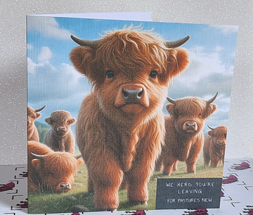 Highland Cow Leaving Card 'We Herd You're Leaving Handmade Linen Effect Free Delivery.