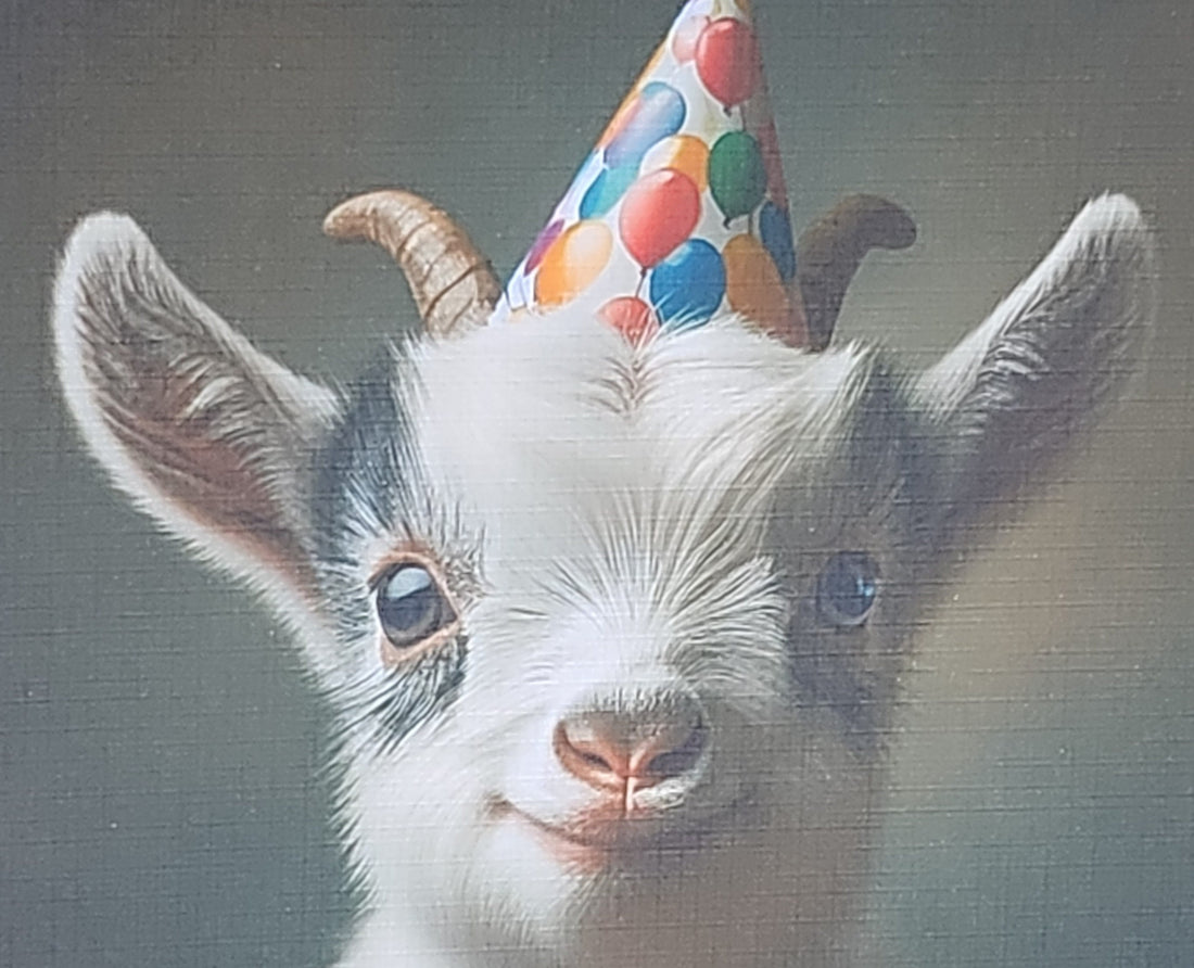 Baby Goat Birthday Card Baby Goat Wearing Birthday Hat With Birthday Cupcake Happy Birthday Glitter Handmade Linen Effect Square Free Delivery