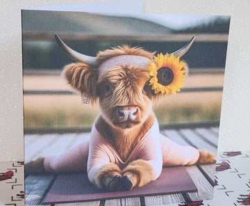 Highland Cow Yoga Card Highland Cow Doing Yoga Sunflower Humour Friend Positivity Mental Health Handmade Linen Effect Square Free Delivery