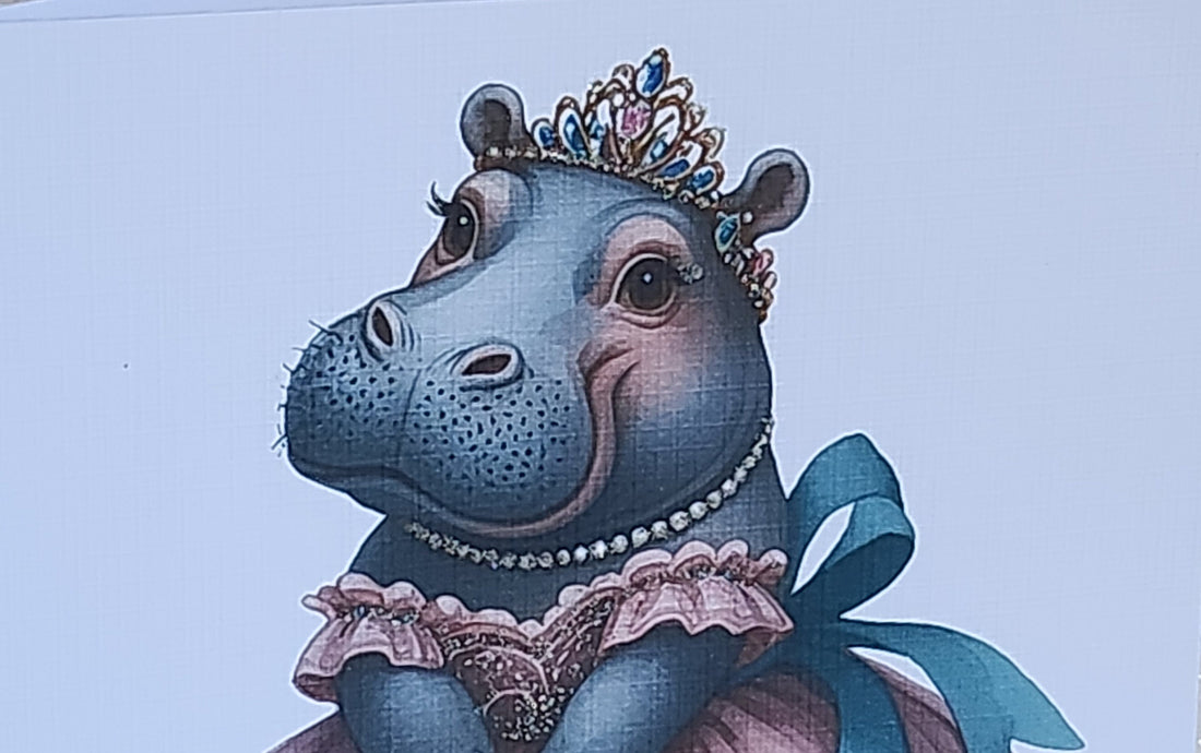 Hippo Birthday Card Hippopotamus Wearing Ballgown And Tiara Handmade Linen Effect Card Square Glitter Friend Mummy Pink Blue Free Delivery