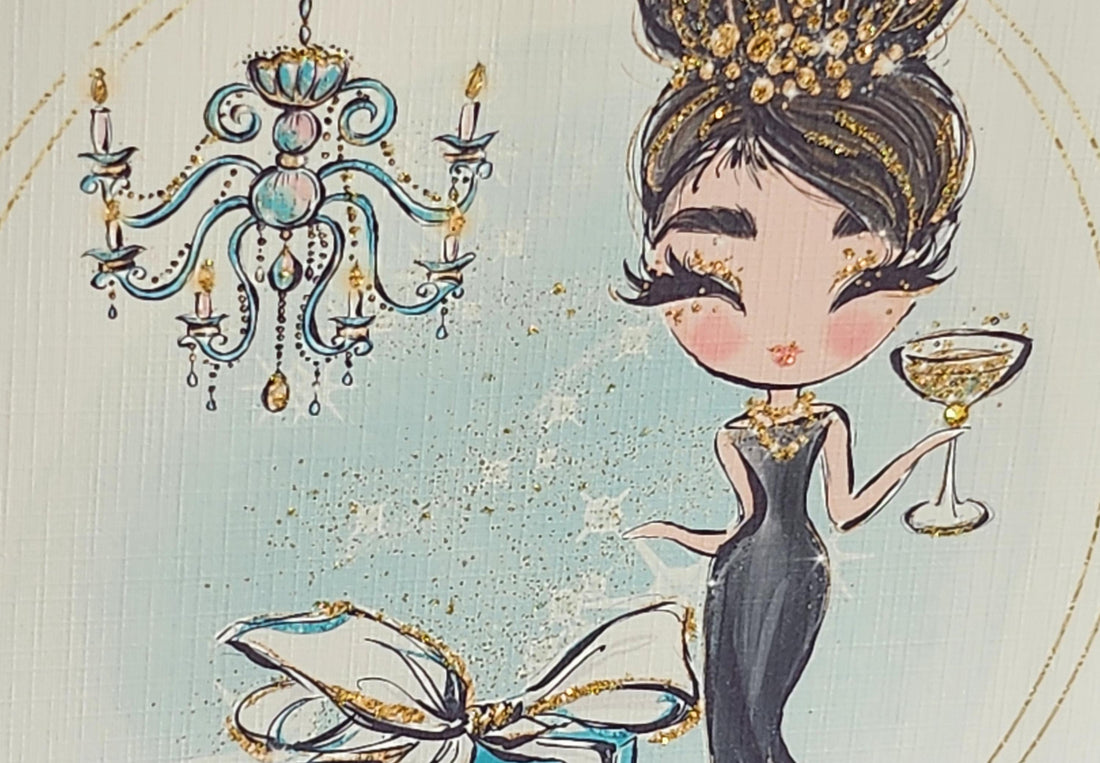 Birthday Card Brunette Girl Black Dress Champagne Glass Tiffany Gift Box Chandelier Messy Bun Swarovski Crystal Square Linen Free Delivery