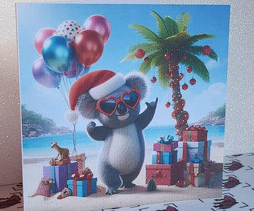 Koala Christmas Card Dancing Koala Bear Wearing Santa Hat On Beach Festive Palm Tree Balloons And Presents Son Daughter Free Delivery