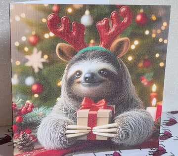 Sloth Christmas Card Sloth Wearing Red Reindeer Antlers With Christmas Tree Snow Free Delivery.