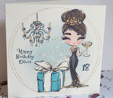 Personalised Birthday Card Brunette Girl Black Dress Champagne Glass Tiffany Gift Box Choice Of Name & Age Swarovski Crystal Free Delivery