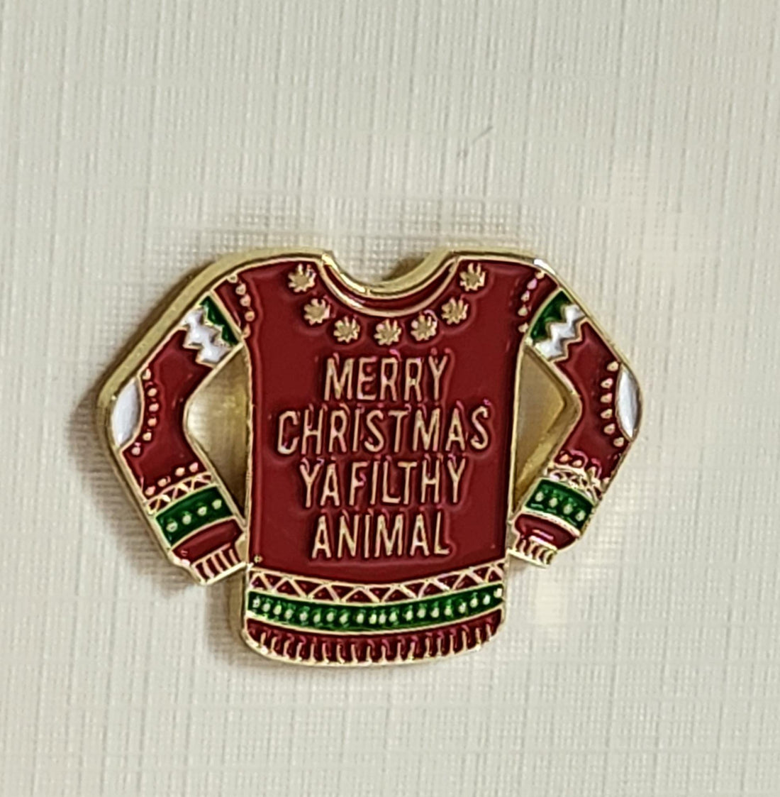 Christmas Enamel Pin Badge Red & Green Christmas Jumper On Gift Card 'Merry Christmas Ya Filthy Animal' Holidays Secret Santa Festive Kevin