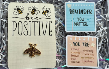 Mental Health Gift Box With Bee Enamel Pin Badge 'Bee Positive' Vinyl Stickers Positivity Self Love Anti Bullying