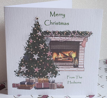 Personalised Christmas Card Christmas Tree Fireplace 'Happy Christmas From The' Name Choice Swarovski Crystal Free Delivery.