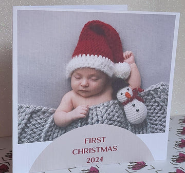 First Christmas 2024 Baby's 1st Christmas Baby In Red Santa Bobble Hat Snowman Teddy New Parents Glitter Detail Linen Effect Free Delivery