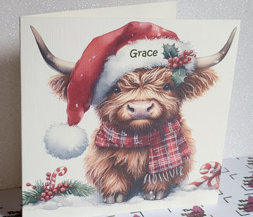Highland Cow Christmas Card Highland Coo With Santa Hat Scarf And Holly Personalised Handmade Glitter Ivory Linen Effect Free Delivery