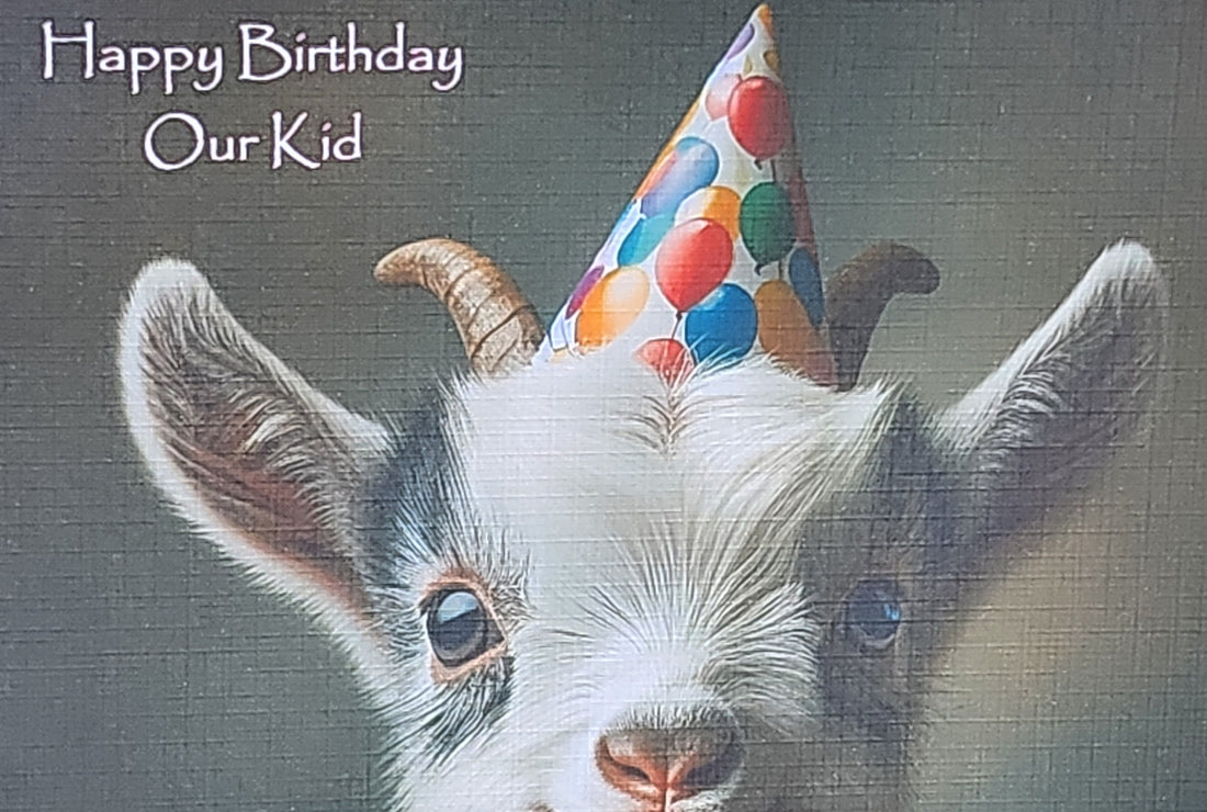 Baby Goat Birthday Card Baby Goat Wearing Birthday Hat With Birthday Cupcake Happy Birthday Glitter Handmade Linen Effect Square Free Delivery