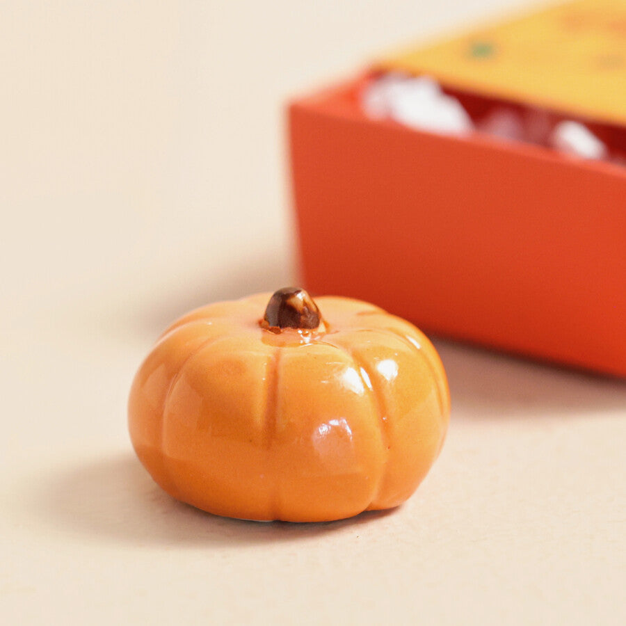 Small pumpkin in a decorative box with 'My Little Pumpkin' text on a beige background