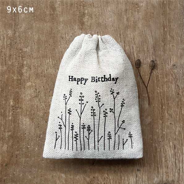 East Of India Hessian Drawstring Gift Bag - Happy Birthday.
